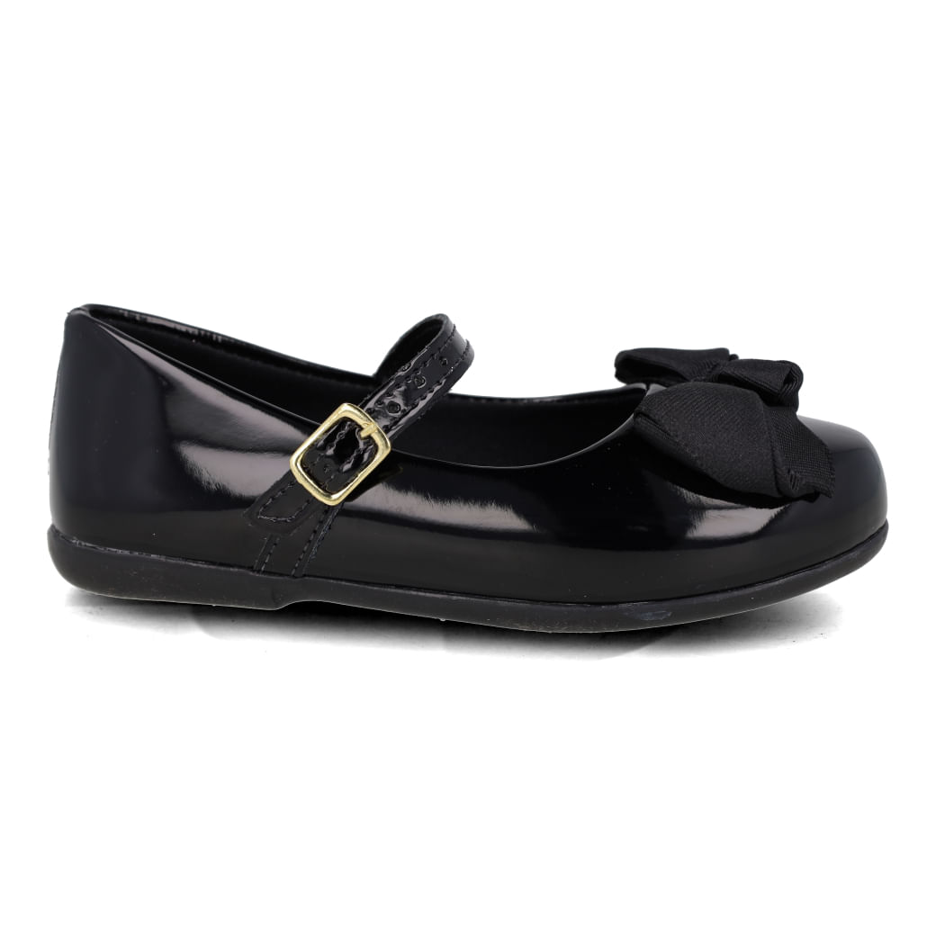 Sapatilha infantil Funfeet verniz preto com laço frontal e fivela dourada